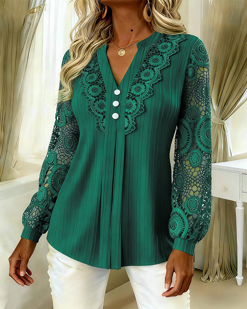 Lace Paneled Long-Sleeved V-Neck Blouse