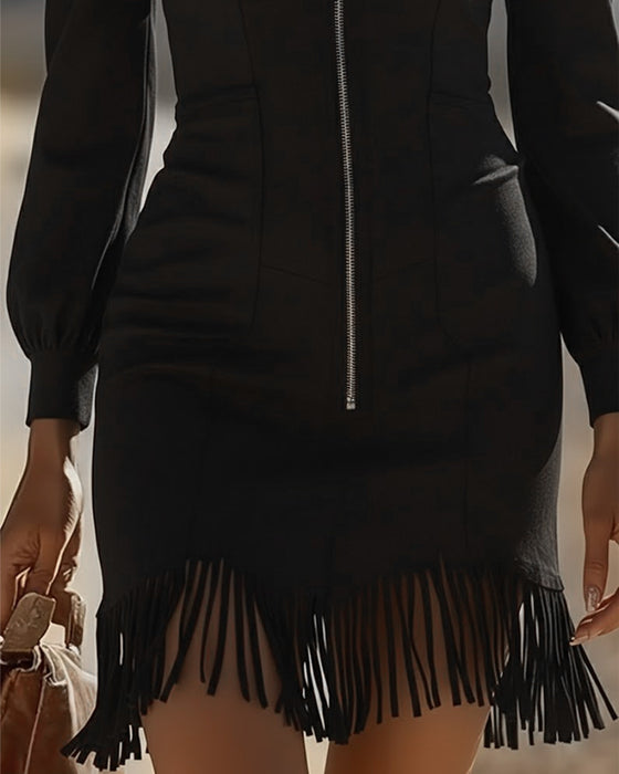 Zippered Collar And Fringed Hem Dress