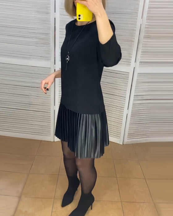 Pleated patchwork solid color dress