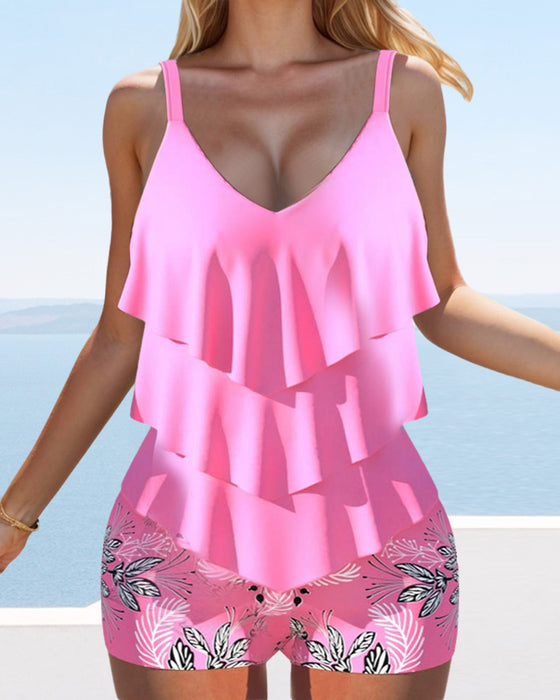 Ruffled suspender print tankini