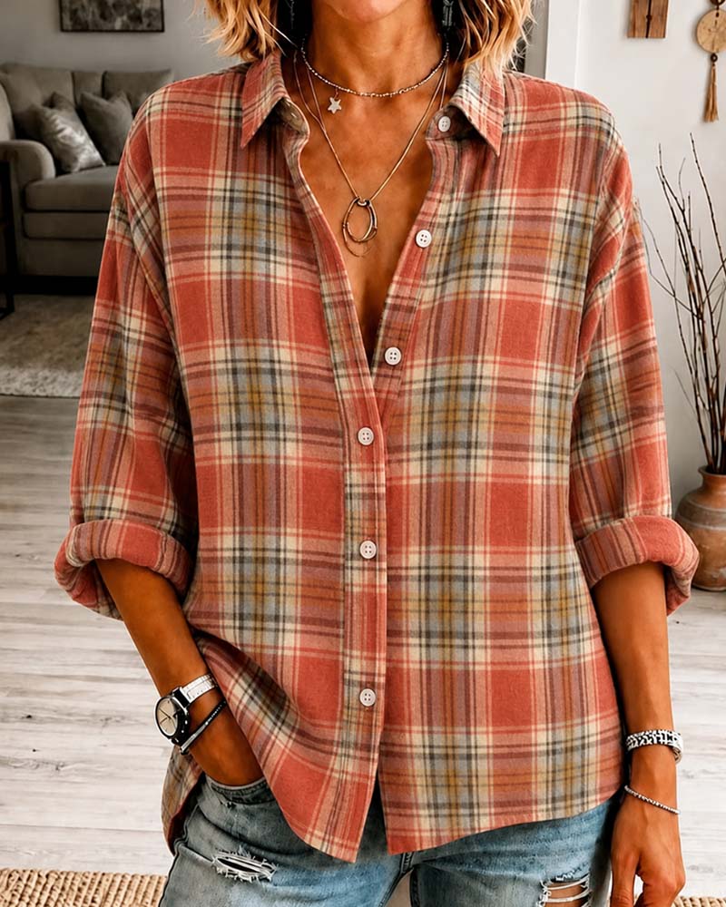 Lapel Checkered Long Sleeve Shirt