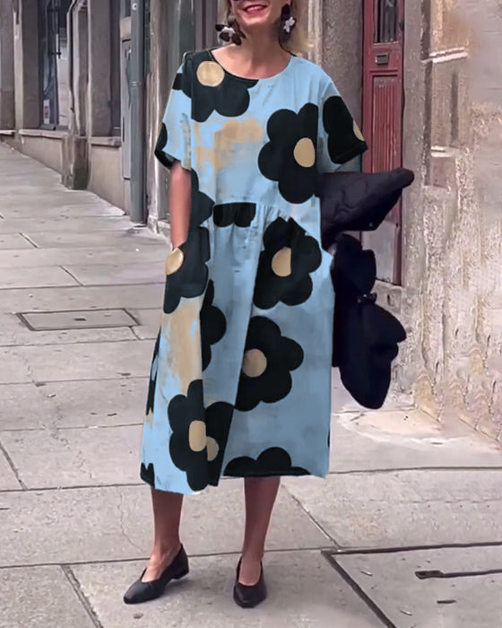Floral print crew neck pocket loose dress