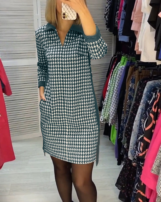Lapel Dress with Pocket and Plaid