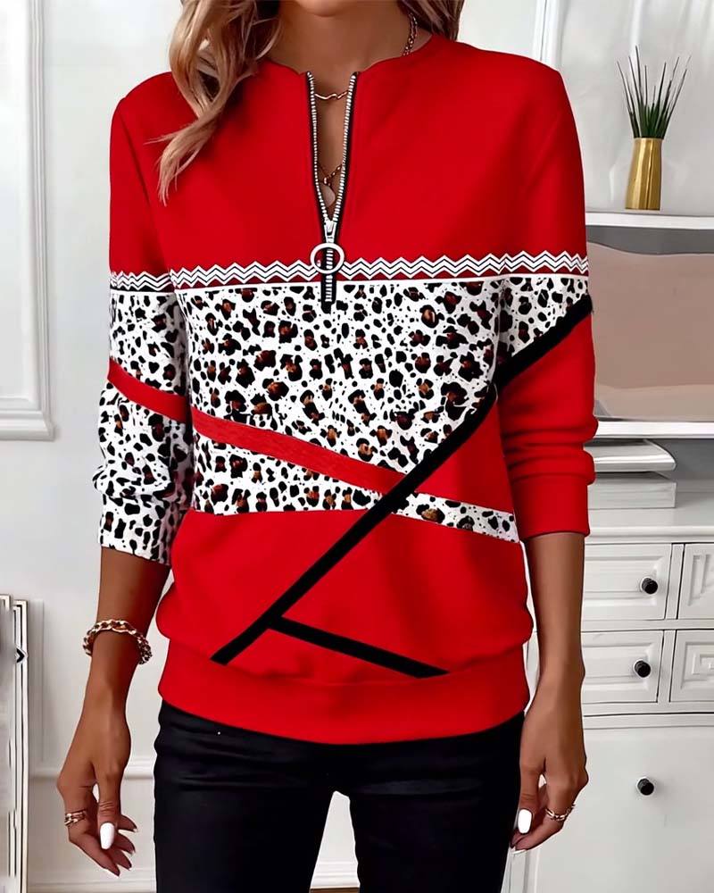 Zipper Collar Printed Sweatshirt