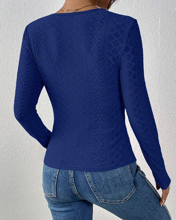 V-Neck Lace Panel Long-Sleeved Top