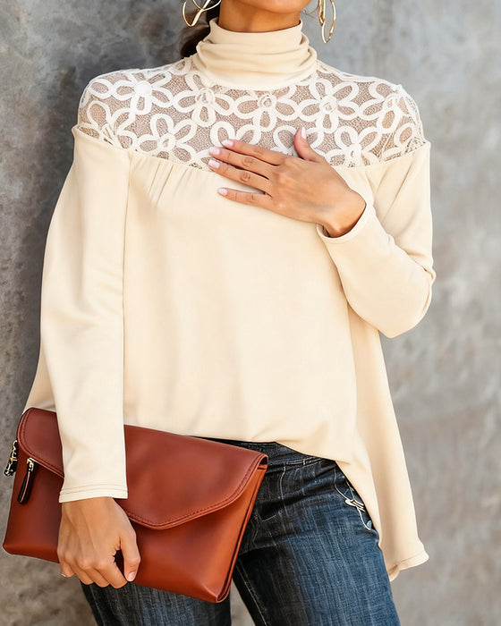 Turtleneck Lace Sheer Knit Top
