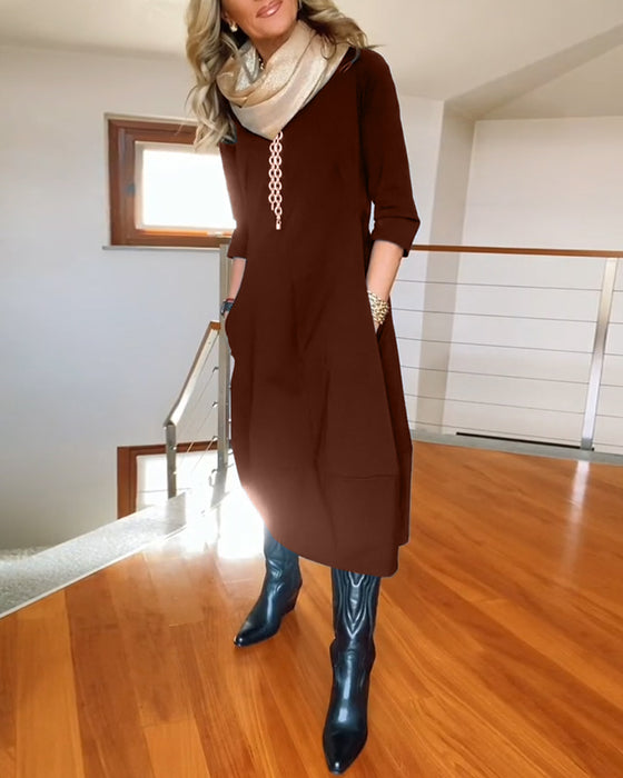 Elegant solid color round neck pocket dress