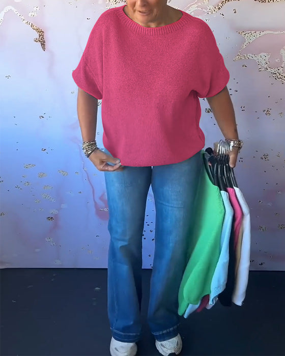 Casual loose solid color round neck pullover