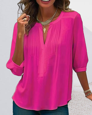 V-neck pleated solid color blouse