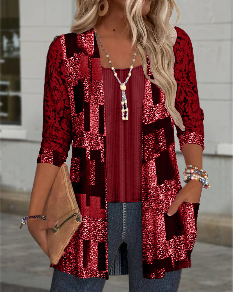 Faux Two-Piece Printed Long-Sleeved Blouse