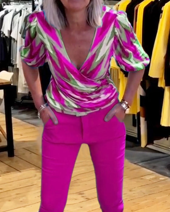 Printed casual deep V top