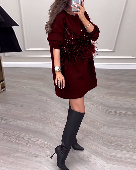 Fashion solid color sequin feather patchwork dress