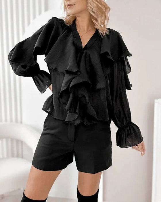 Solid Color Ruffled V-Neck Blouse
