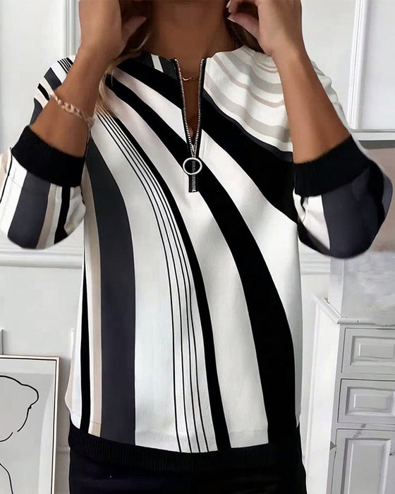 Casual Zipper Geometric Print T-Shirt