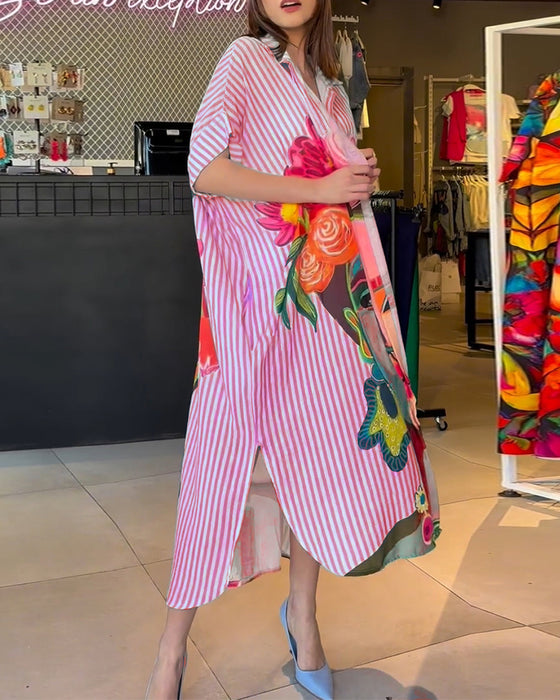 Vertical striped character print lapel slit blouse