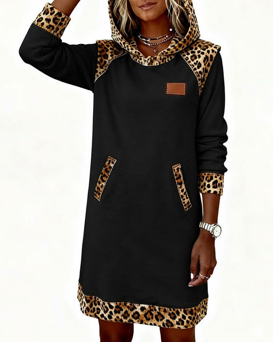 Casual Hooded Leopard-Panel Dress