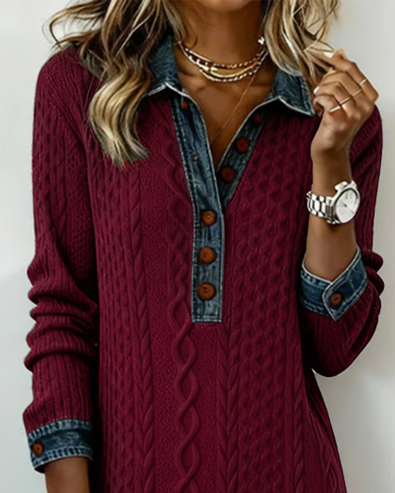 Denim cable knit patchwork collared dress