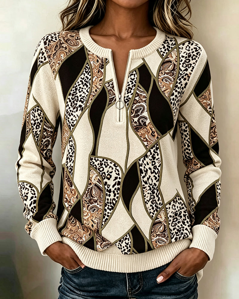 Round Neck Zipper Leopard Print Patchwork Sweatshirt