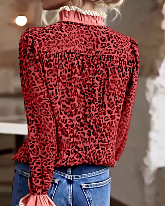Casual Leopard Print Long-Sleeved Blouse