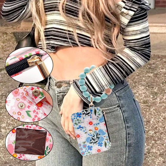 Floral Leather Small Wallet With Keychain And Bracelet