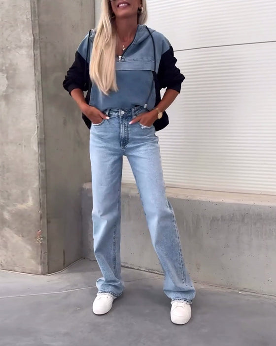 Casual denim patchwork zipper hoodie