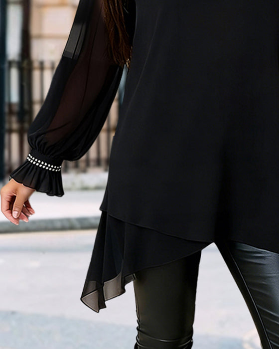 Beaded Puff Sleeve Crew Neck Blouse