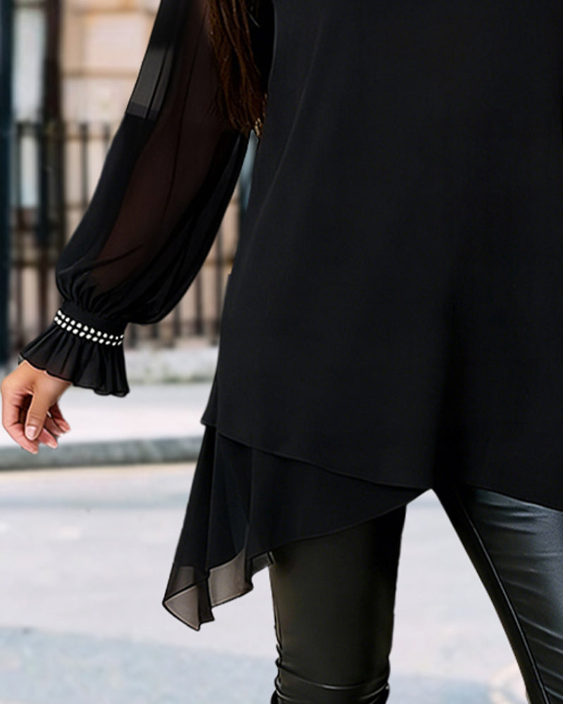 Beaded Puff Sleeve Crew Neck Blouse