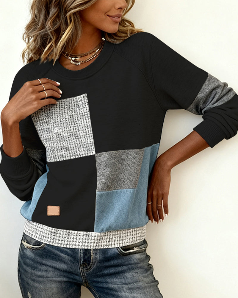 Round Neck Contrast Color Casual Sweatshirt