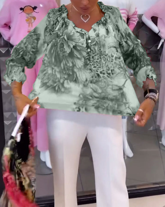 V-Neck Floral Print Blouse