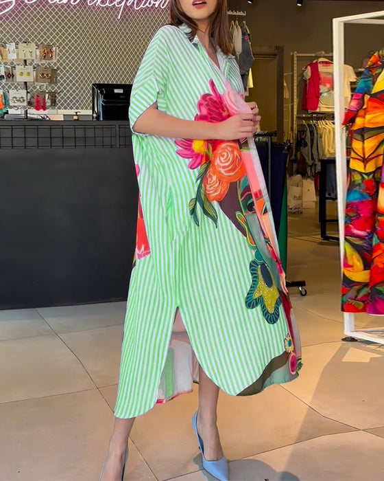 Vertical striped character print lapel slit blouse