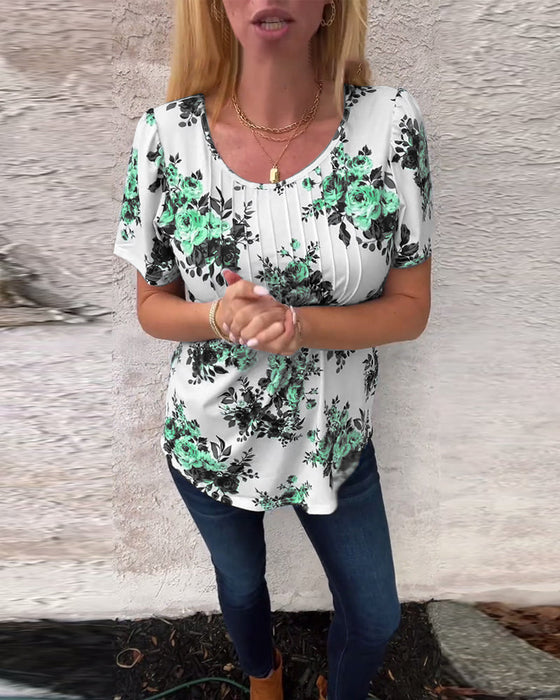 Crew Neck Floral Print Pleated T-Shirt