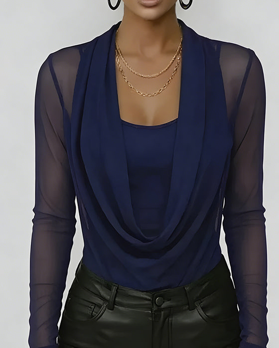 Mesh Layered Cowl Neck Long Sleeve Two-Piece Set