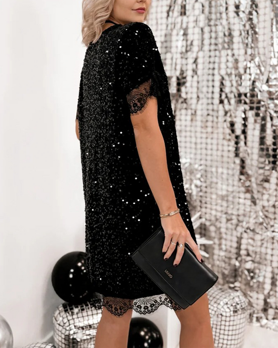 Patchwork Sequined Short-Sleeved Dress