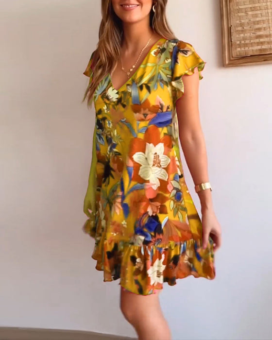 V-neck ruffle floral dress