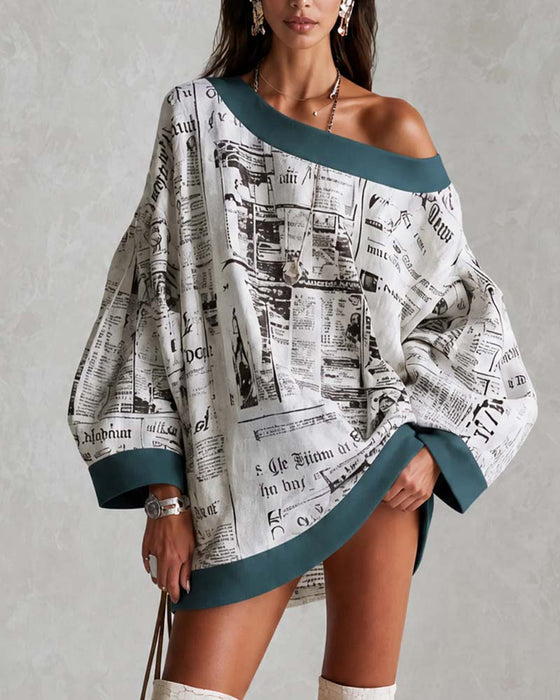 Off-Shoulder Batwing Sleeve Print Dress