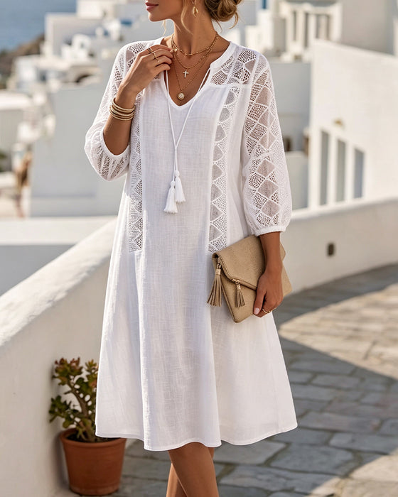Lantern Sleeve Hollow Out Tie Resort Dress