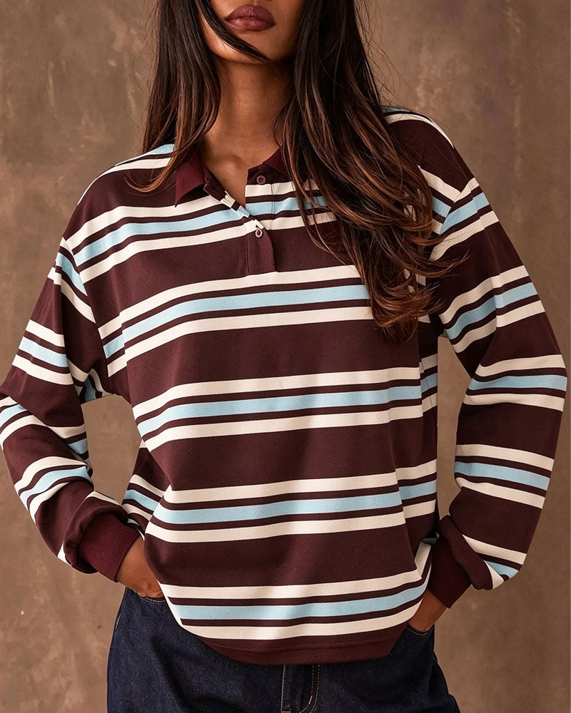 Lapel Color Block Striped Long Sleeve Top