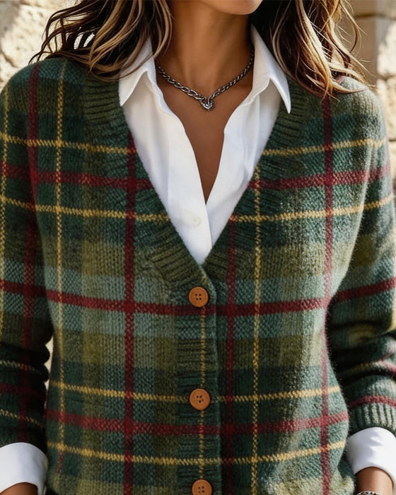 Vintage Plaid V-Neck Button Cardigan
