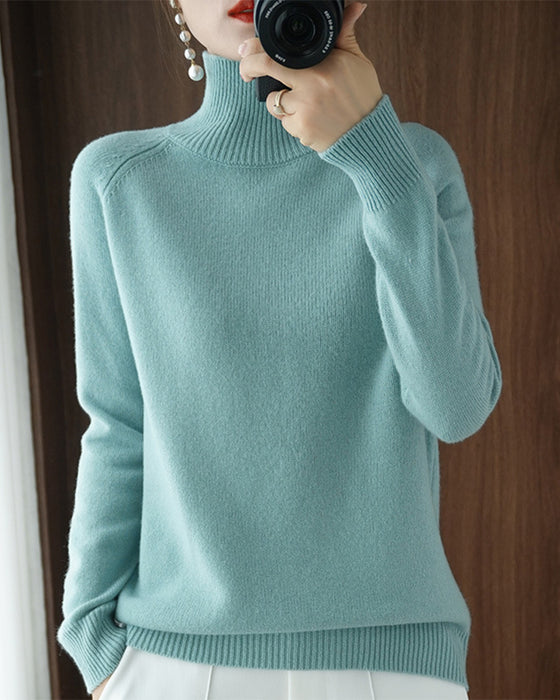 Simple solid color high collar long sleeve sweater