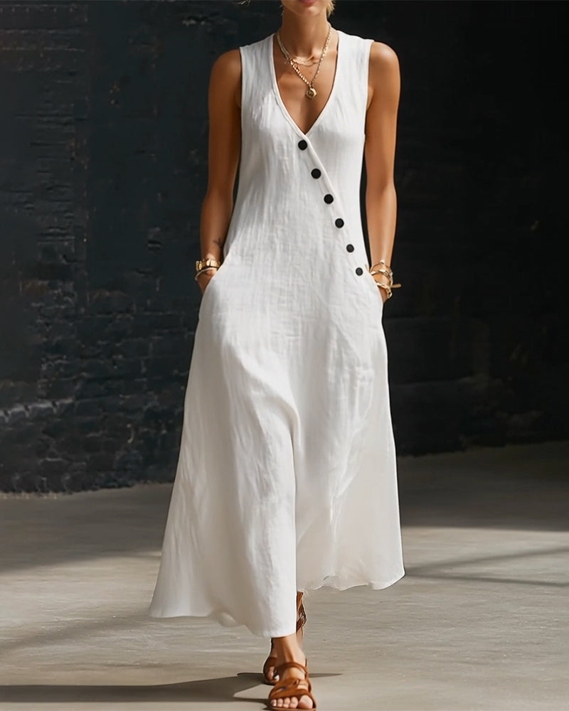Solid-Color Button Vest Dress