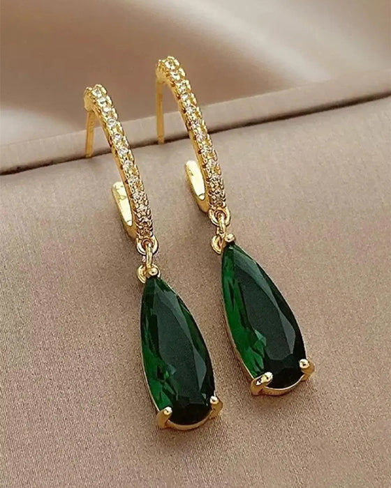 Artificial Gemstone & Rhinestone Decor Dangle Hoop Earrings