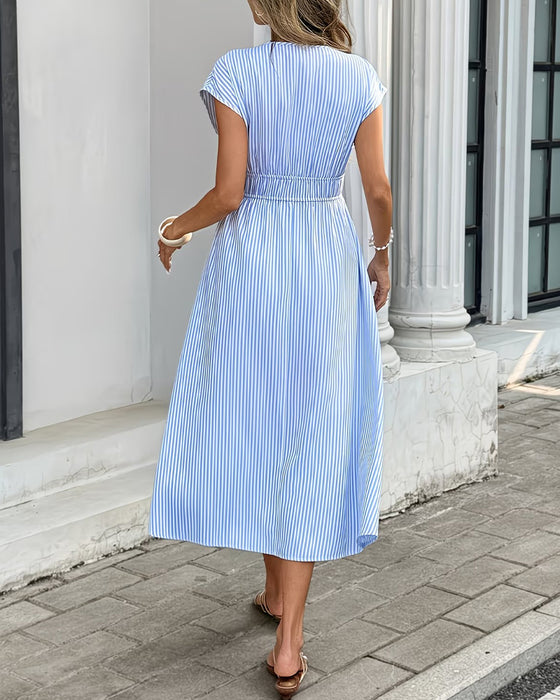 V-Neck Striped Fitted Waist Dress