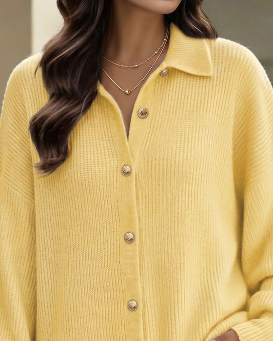 Lapel Button Lantern Sleeve Drop Shoulder Cardigan