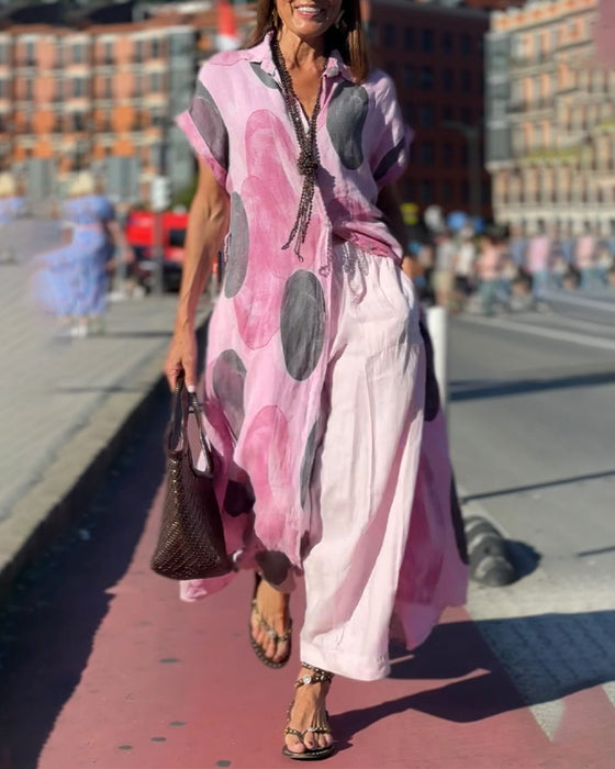 Shirt Collar Polka Dot Contrast Slit Dress