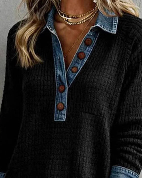 Shirt Collar Denim Panel Blouse