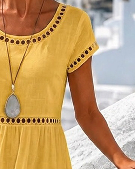 Cutout Waist Crew Neck A-Line Long Dress