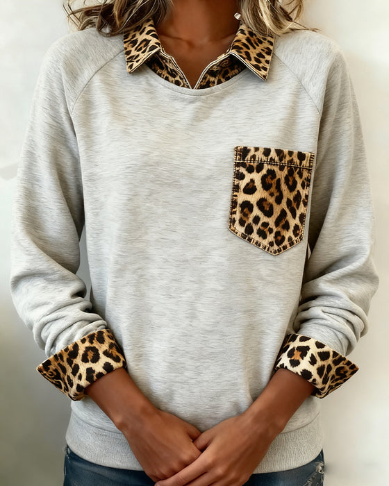 Long-Sleeved Lapel Leopard Print Sweatshirt