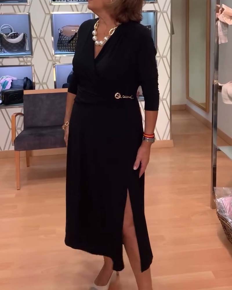 V-Neck Fitted Waist Slit Dress