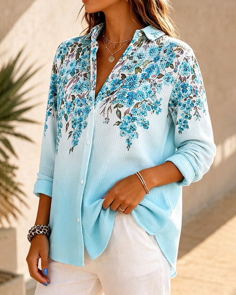 Stylish Gradient Floral Lapel Shirt