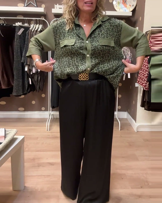 Lapel leopard print button-down casual shirt